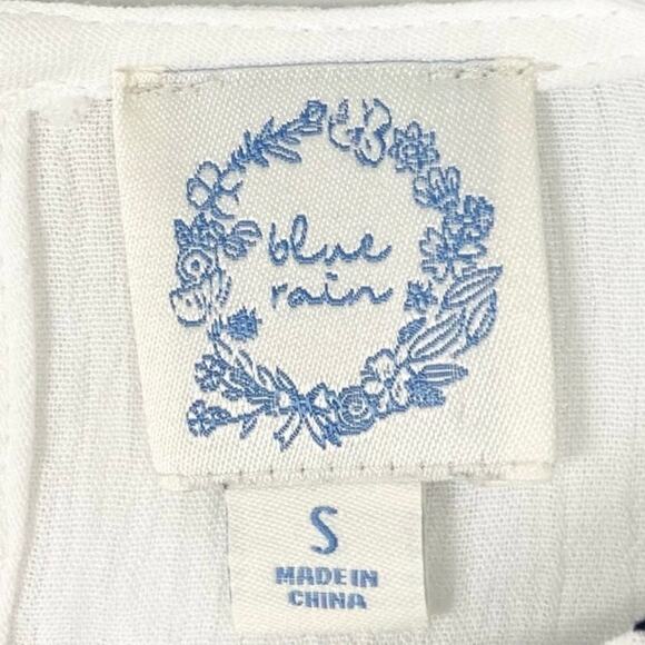 nwot BLUE RAIN Top S White Crinkle Navy-Embroidery Crochet Balloon-Long-Slv - Picture 3 of 11